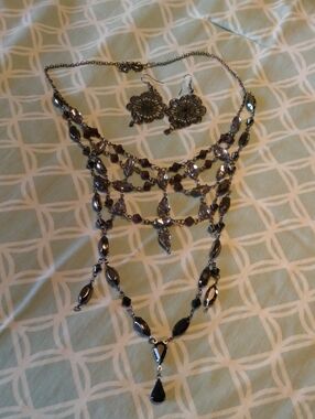 Gunmetal Multi-Strand Teardrop Necklace and Filigree Earring Set
